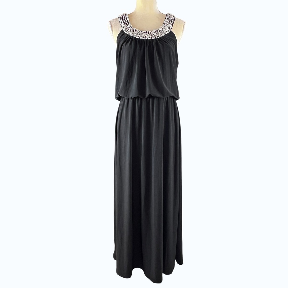 JSP Black Pearl Embellished Neckline Blouson Maxi Dress Size L Elasticized Waist